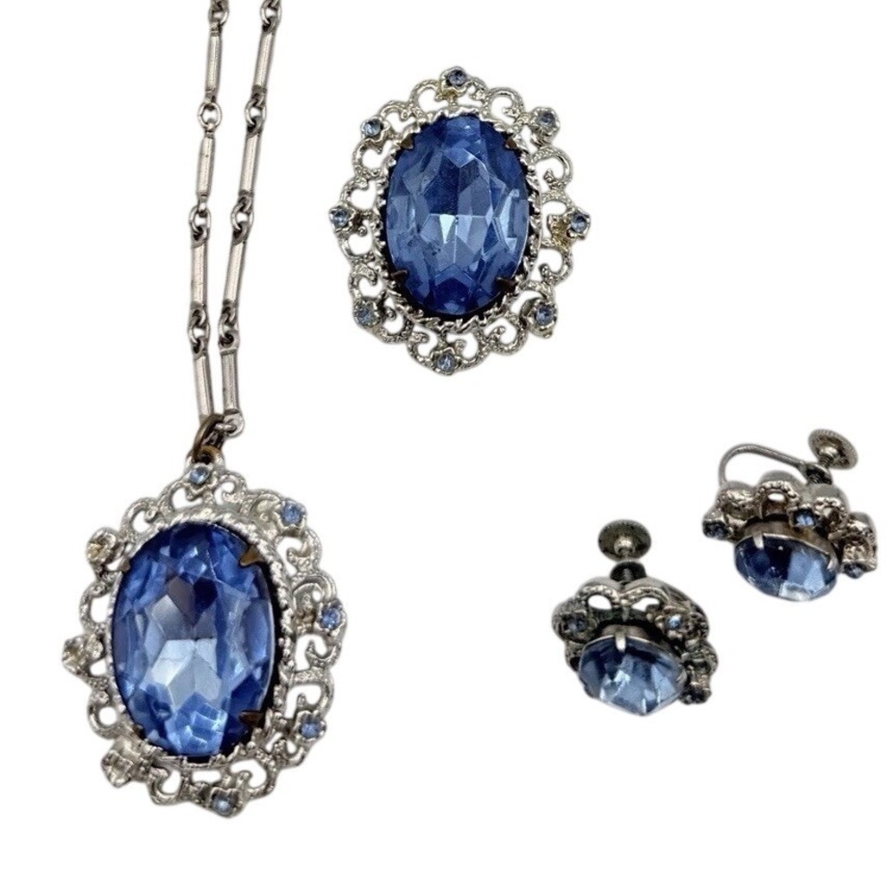 Vtg Statement Jewelry Blue Rhinestone Necklace Brooch Earring Set Silver Tone